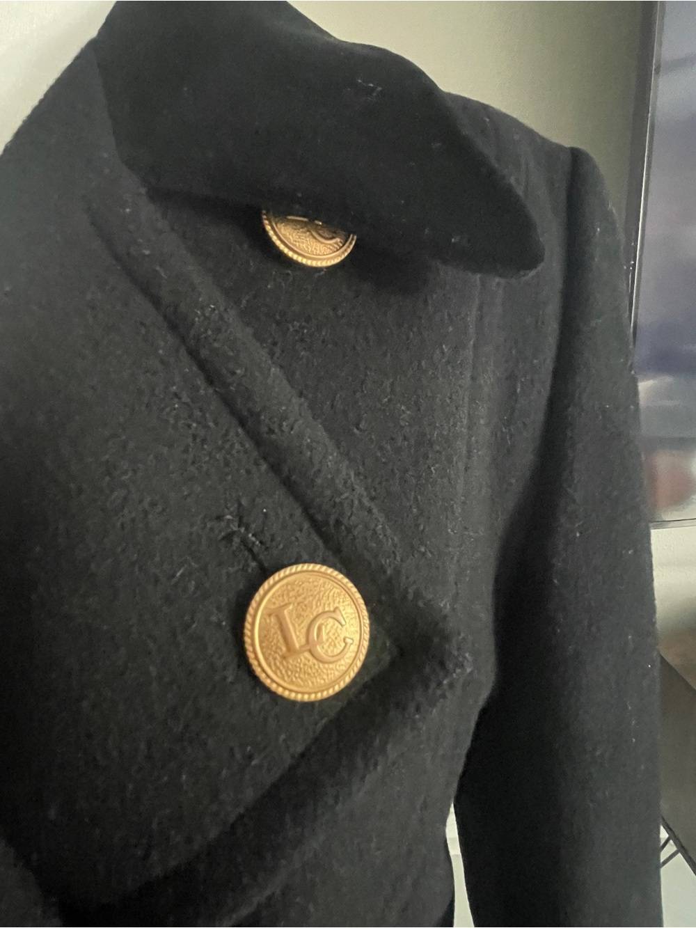 Vintage Liz Claiborne Women Black Double-Breasted Wool Coat, Gold Buttons Sz 12 - Picture 10 of 12